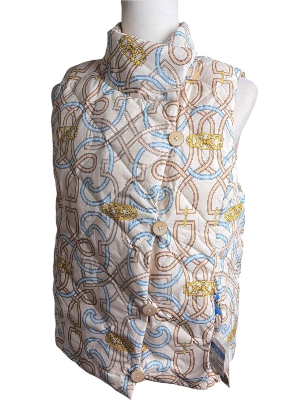J.McLaughlin Beige Quilted Vest Gold & Blue Chain Print SZ M Nautical Goose Down